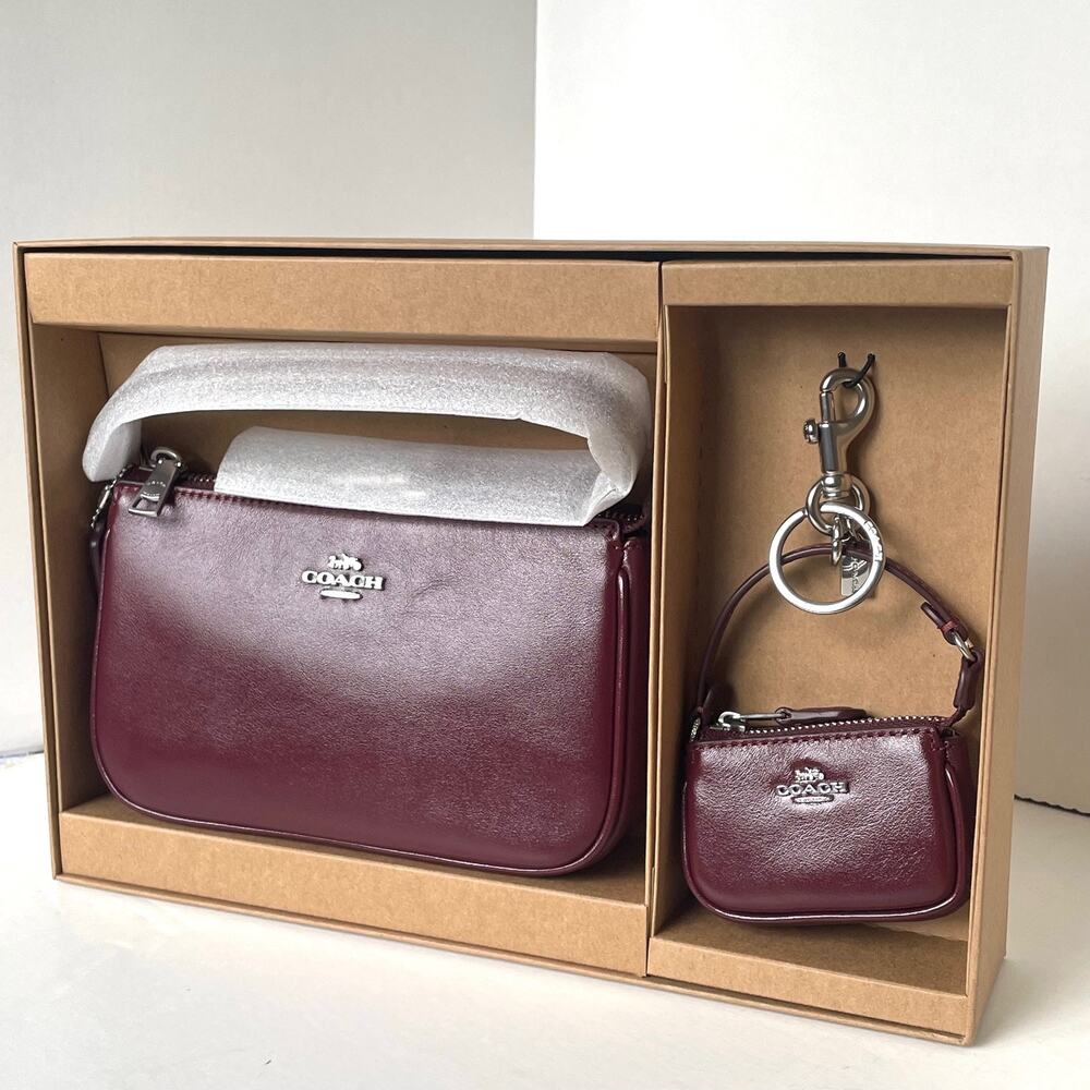 Coach Nolita 19 Bag and Charm Set Dark Wine Leather Silver CCK95 Boxed - Picture 8 of 14